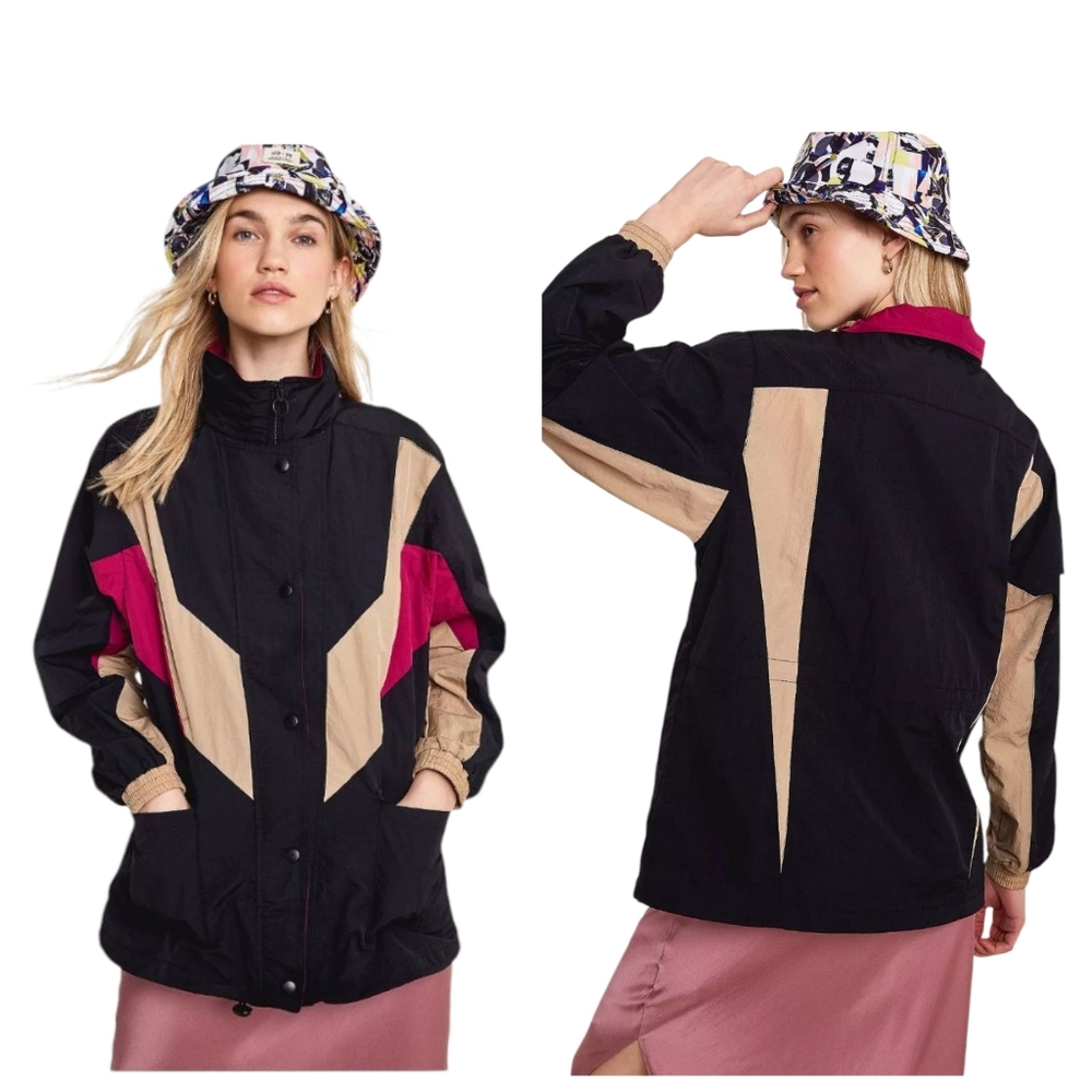 Urban Outfitters Retro 90s Style Windbreaker Hooded Black Colorblock Wom…